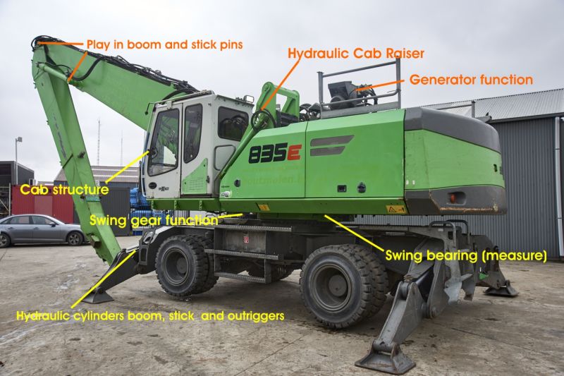 Technical Inspection by Mevas. MH-excavators of #Sennebogen, #Caterpillar or #Liebherr #Fuchs have often a hard life. When buying used #materialhandling equipment it is good to know its real condition and get a Technical Inspection for instance from Mevas.